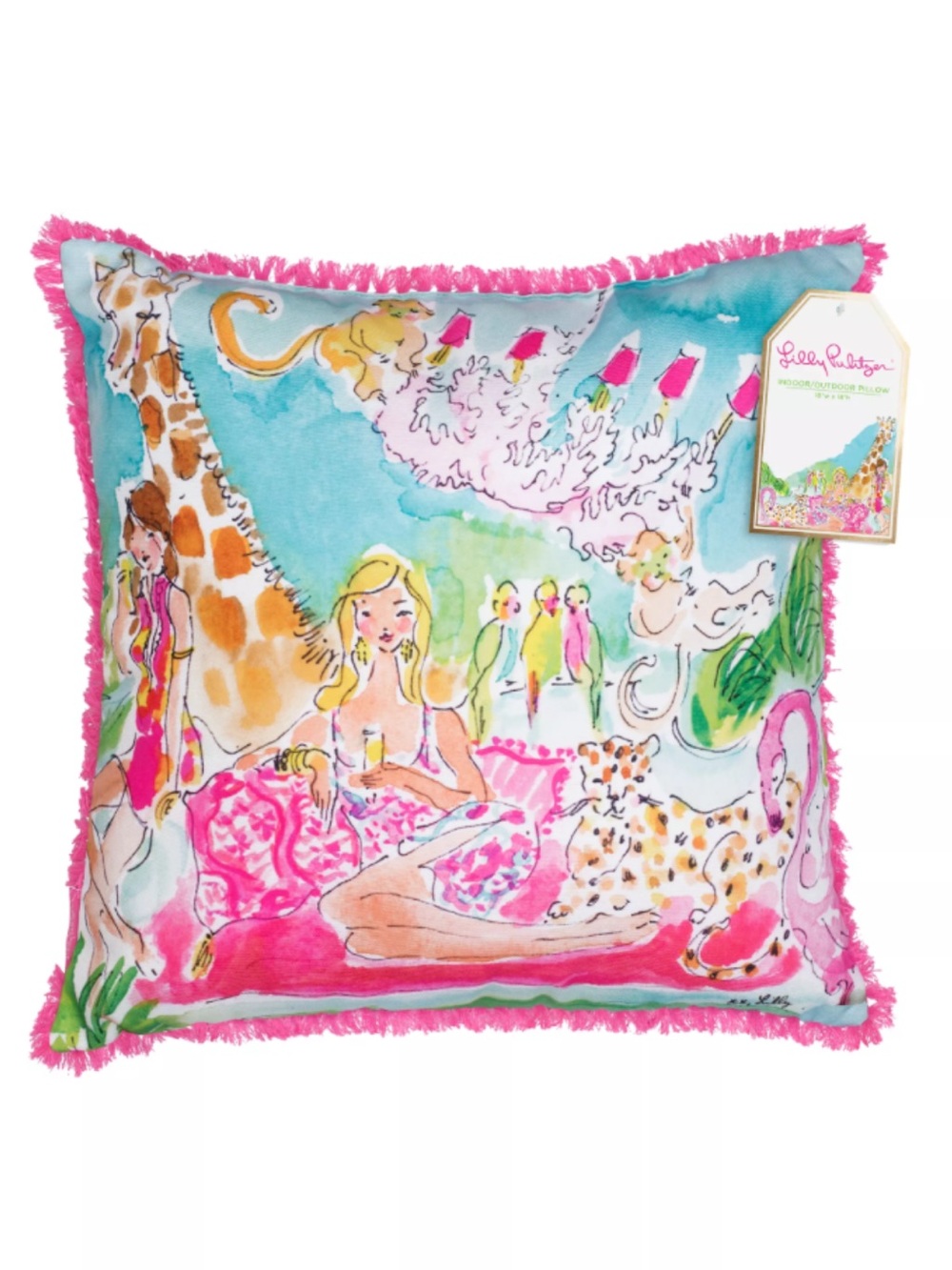 NWOT Lilly Pulitzer 18” x 18” ITS A ZOO Fringe INDOOR/OUTDOOR Accent Pillow